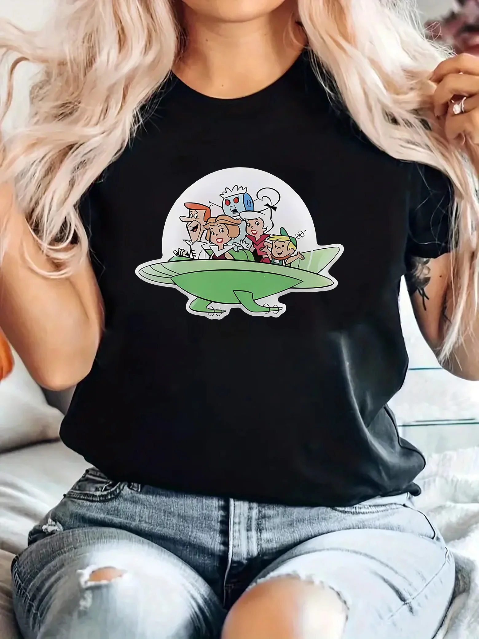 

Cartoon Flying Saucer Graphic Printing Summer Autumn Winter Pure Cotton Men's and Women's T-shirts Short Sleeves Luxury Outdoor