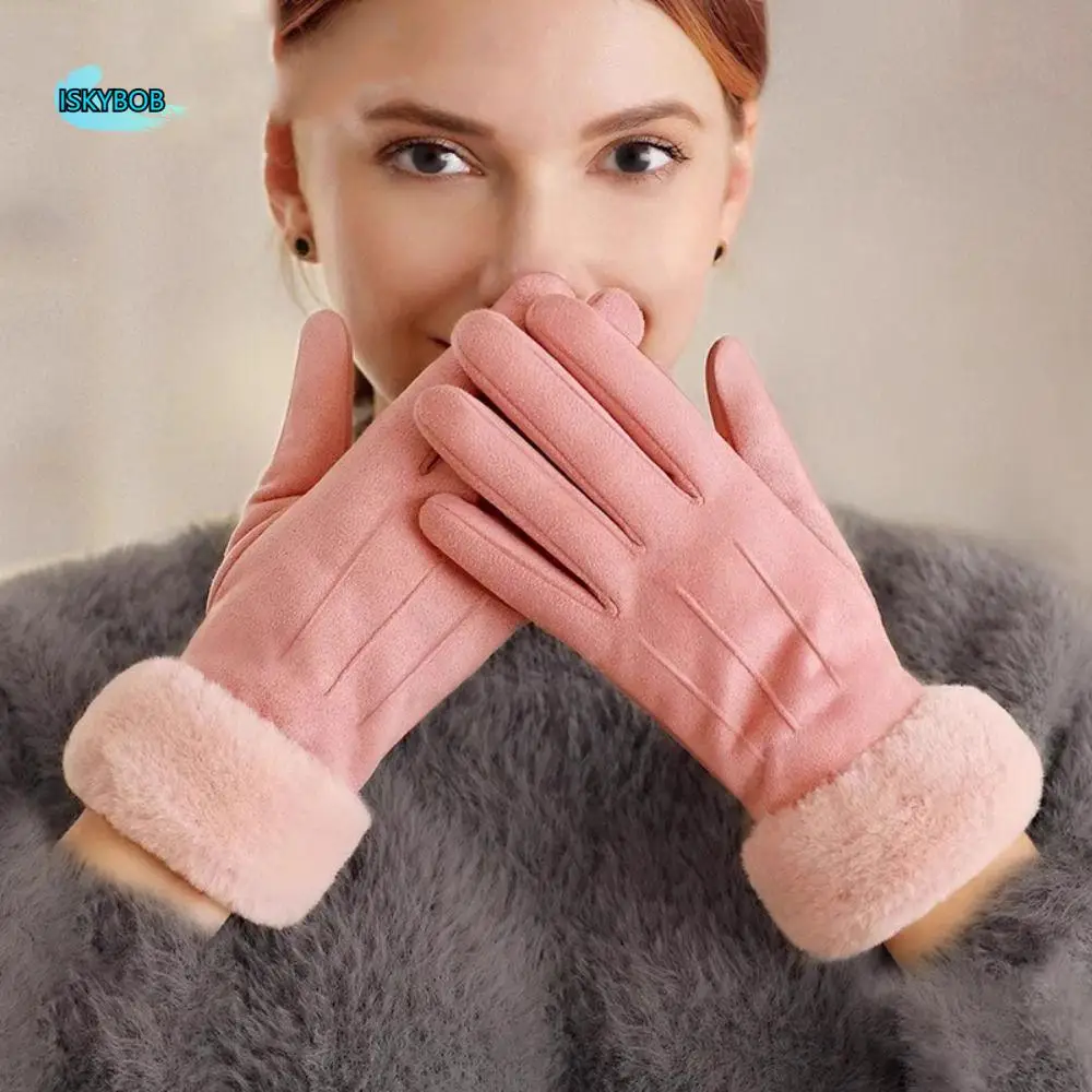 قفازات سميكة مقاومة للرياح من جلد الغزال تعمل باللمس مريحة بأصابع كاملة قفازات شتوية دافئة وناعمة للنساء للتزلج