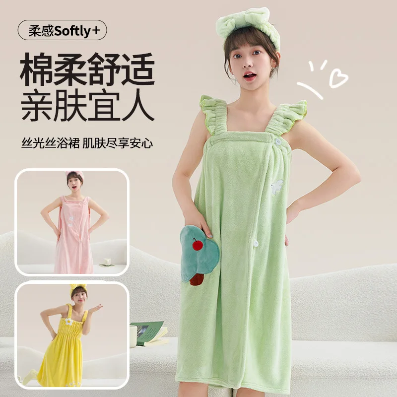 New Cartoon Bath Towel, Thickened Sleep Dress with Quick-Drying and Absorbent Fabric Wearable Robe/Dress Cute Home Use,for Women