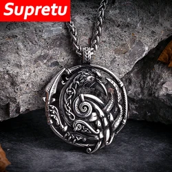 Punk Odin Hollow Out Crow Necklaces Stainless Steel Vikings Runes Animal Pendant Raven Feather Amulet Scandinavian Male Jewelry