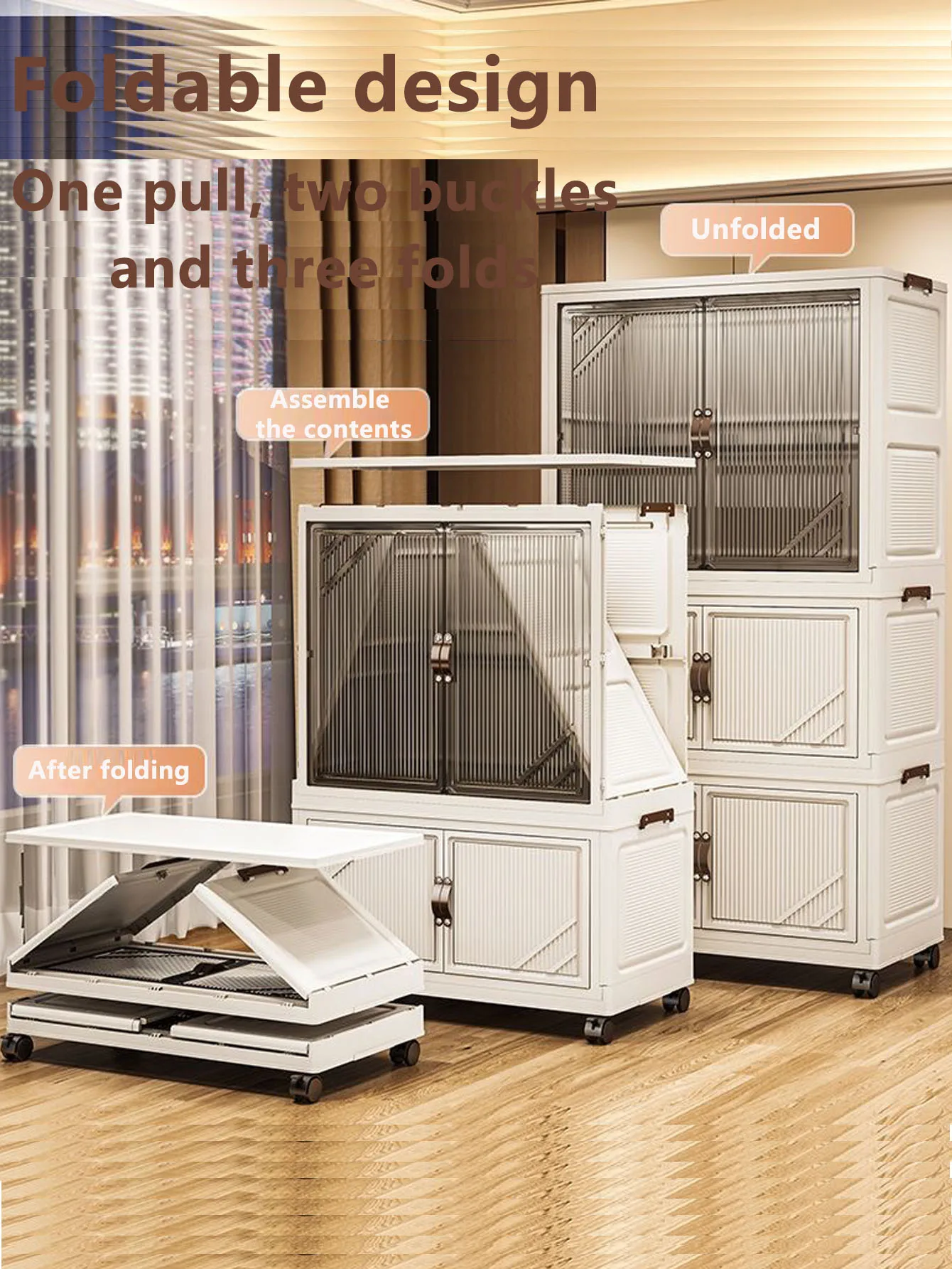 A multi layered closet a multifunctional box for storage an open door and an easy to assemble transparent plastic storage