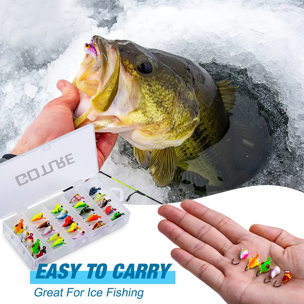 Goture 25pcs/Lot Winter Ice Fishing Lure 17-19mm 1.3-1.9g Mini Metal Lead Head Hook Bait Jigging Fishing Barbed Hook With Box