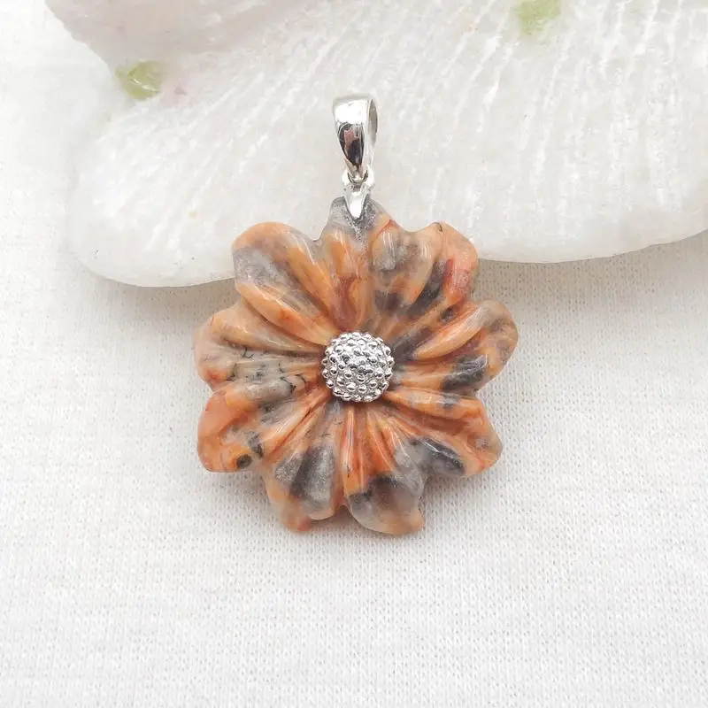 925 Silver Pendant!Natural Stone Crazy Lace Agate Carved Flower Pendant 27x7mm 6g Fashion Jewelry Necklaces Accessories