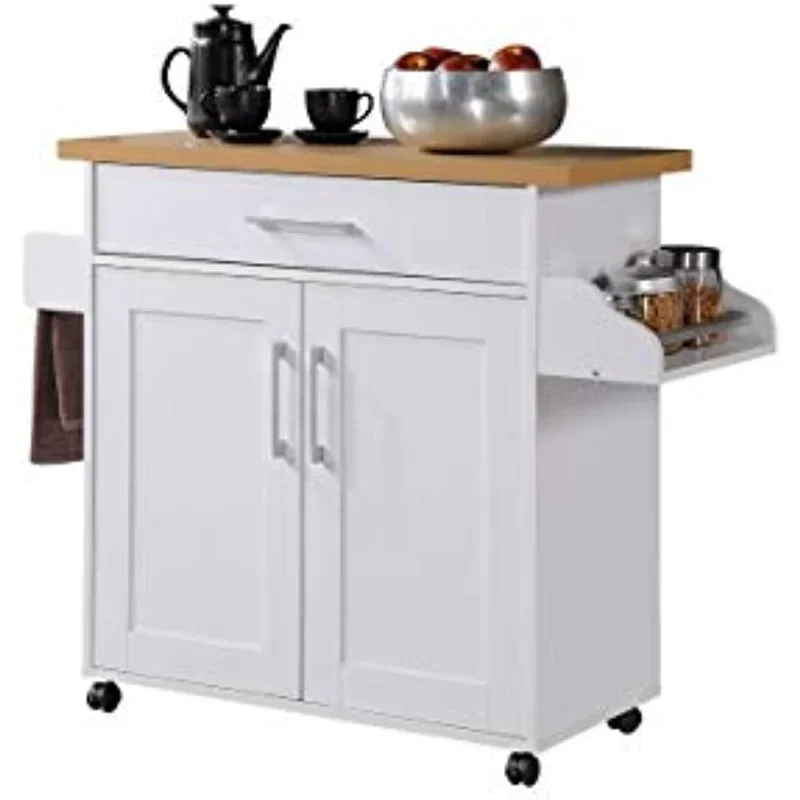 Hodedah Kitchen Island with Spice Rack Towel Rack & Drawer White with Beech Top 15.5 X 35.5-44.9 X 35.2 Inches