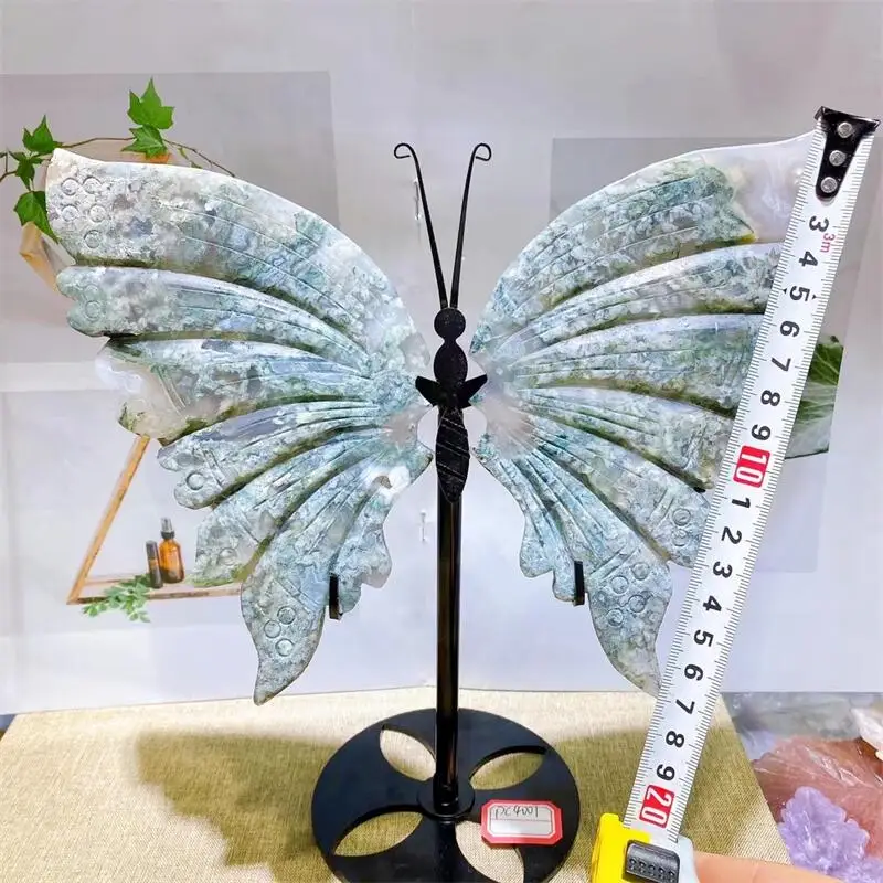 Natural Moss Agate Butterfly Wings Crystal Carving Crafts Healing Energy Stone Fengshui Birthday Gift Home Decoration 1pair