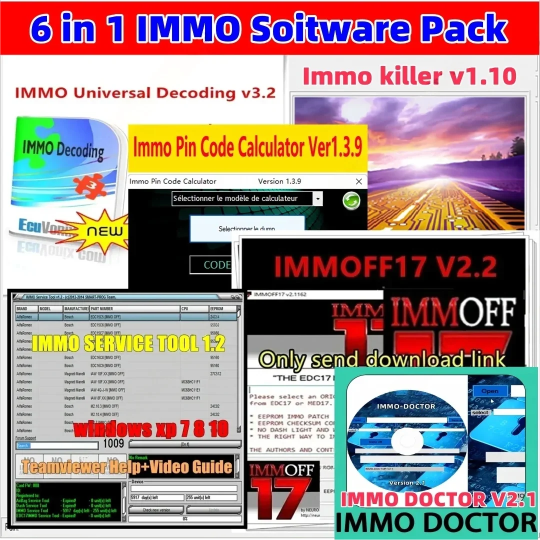 

Горячий пакет программного обеспечения IMMO OFF + immoff 17 + доктор IMMO + сервисный инструмент ImmoKiller + ImmoKiller + калькулятор соснового кода IMMO + универсальное декодирование IMMO