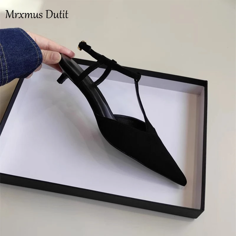 Mrxmus Dutit Women 2024 New Summer Fashion Leather Suede Pointed Low Heeled Sandals Comfort Solid Simple Elegant Shoes Female