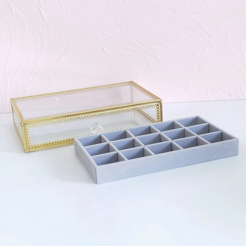 Velvet Glass Jewelry Box Drawer Storage Organizer Display Tray Showcase For Ring Earrings Necklaces Bracelet