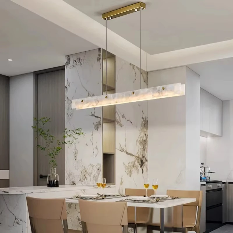 Modern Long Linear Alabaster Pendant Light Natural Marble Chandelier Gold Hardware LED Hanging Lamp for Dining Room Kitchen Isla