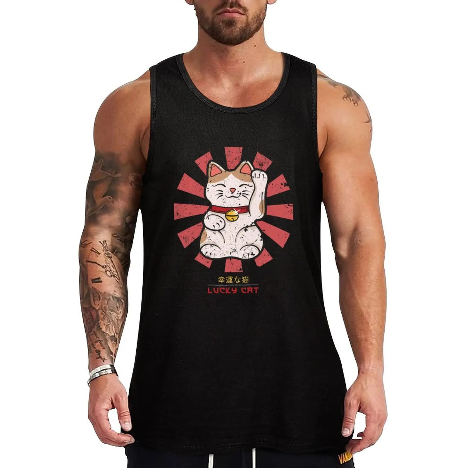 

Lucky Cat Retro Japanese Tank Top Gym T-shirts for men Sleeveless T-shirt