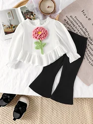 2PCS  Autumn New Style 1-2 Year Old Casual And Comfortable Baby Girl Sweet Flower Beige Top + Black Bell-Bottom Pants