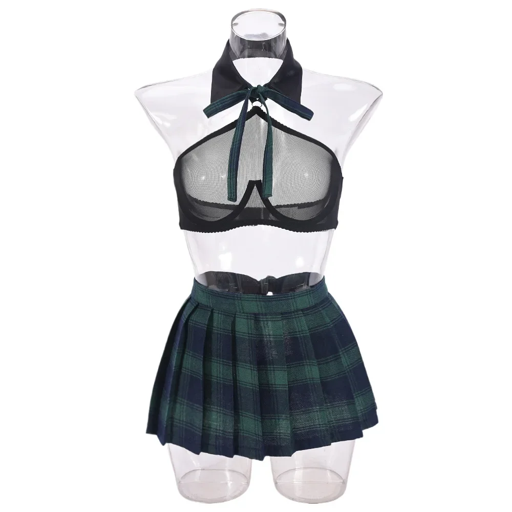 

Students Cosplay Lingerie Green Plaid Skirt Ultra Hot Halter Bra Transparent Necktie g-String Thongs Ensemble Lingeries