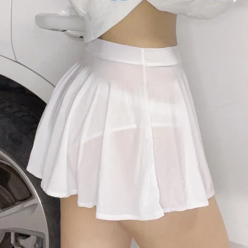 Low Waist A-Line Pleated Skirt Sexy Transparent Black White Long Silk Mini Skirt Night Club Wear Party Mini Skirts for Woman