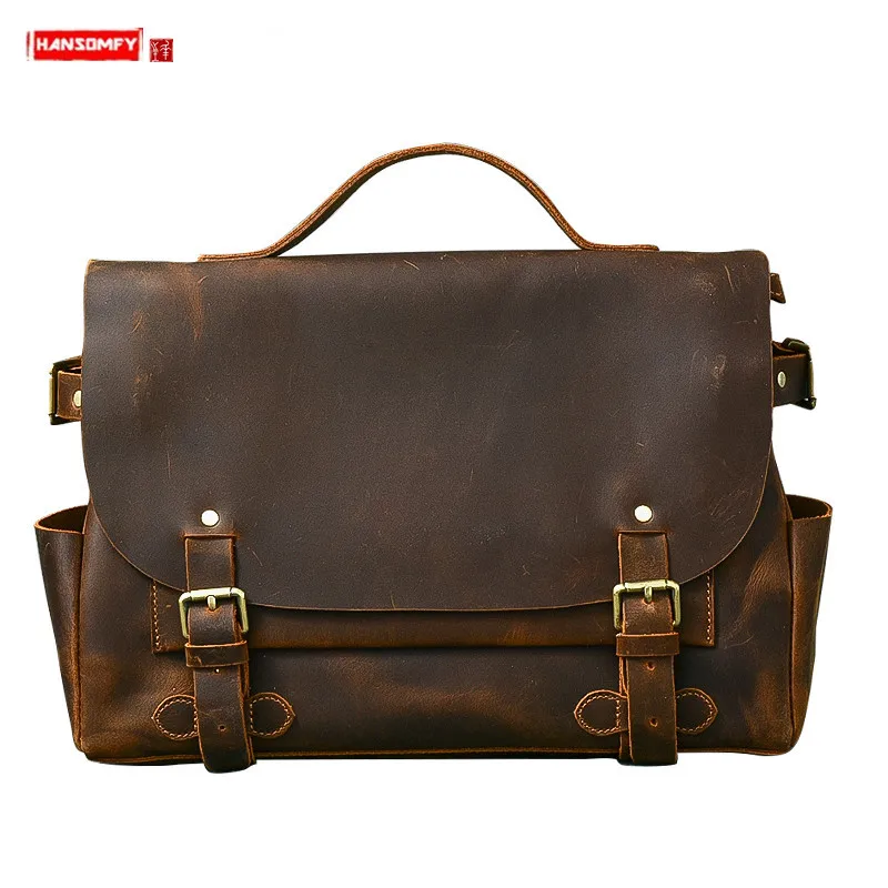 Genuine Leather Men's Handbag Retro British style laptop bag crazy horse leather briefcase Men crossbody shoulder bags schoolbag