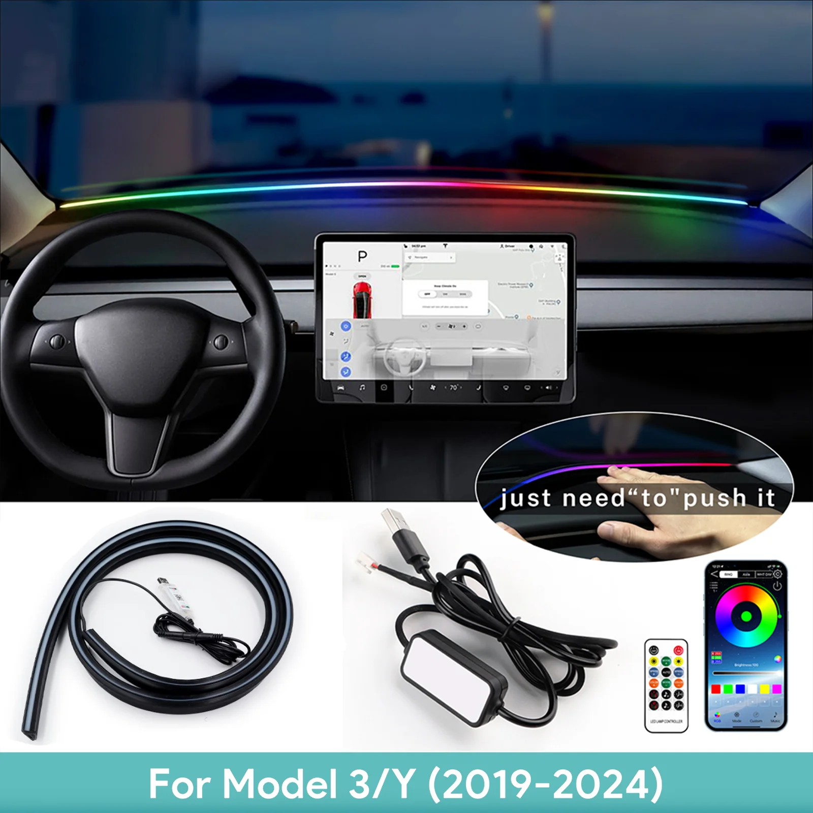 

Front Windshield LED Ambient Strip Light For Tesla Model 3 Highland Y 2019-2024 Car RGB USB APP Control Remote Symphony Lamp