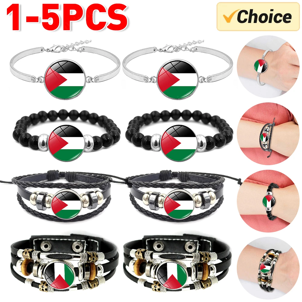 Leather Braided Bracelets Multilayered Punk Beads Button Bracelets Countries Flag Bracelets Patriot Flag Bracelets for Women Men