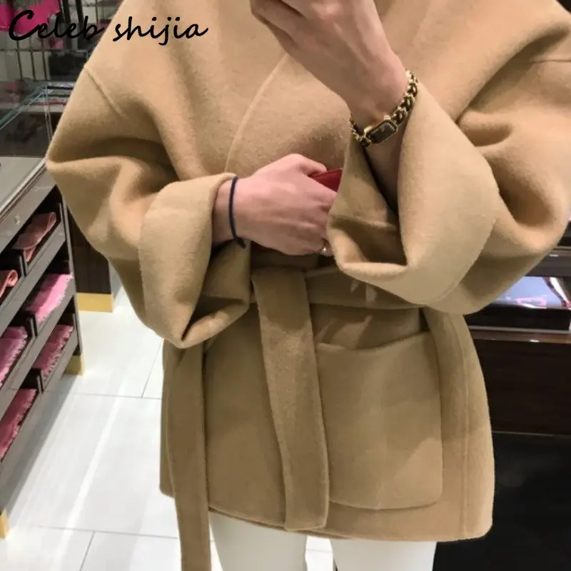 Khaki Thicken Wool Jacket Women V-neck Winter 2023 Chic Loose Blend Coat Female with Belt Autumn Streetwear Warm Outfit