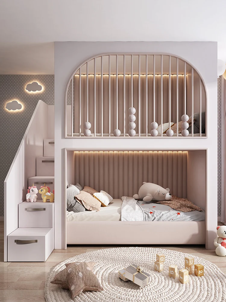 Customized elevated bed with raised guardrail for children's room, double layered bed with cream wind of 1.8m for two children