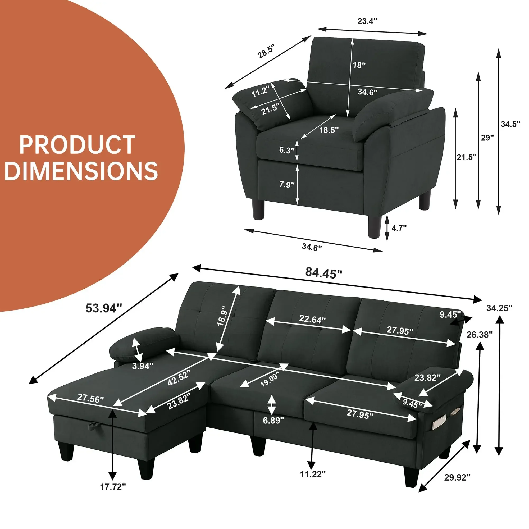2 Piece Sectional Sofa Set, 3 Seat L Shaped Couches with Reversible Chaise Single Seat Accent Chair Polyester Fibre for