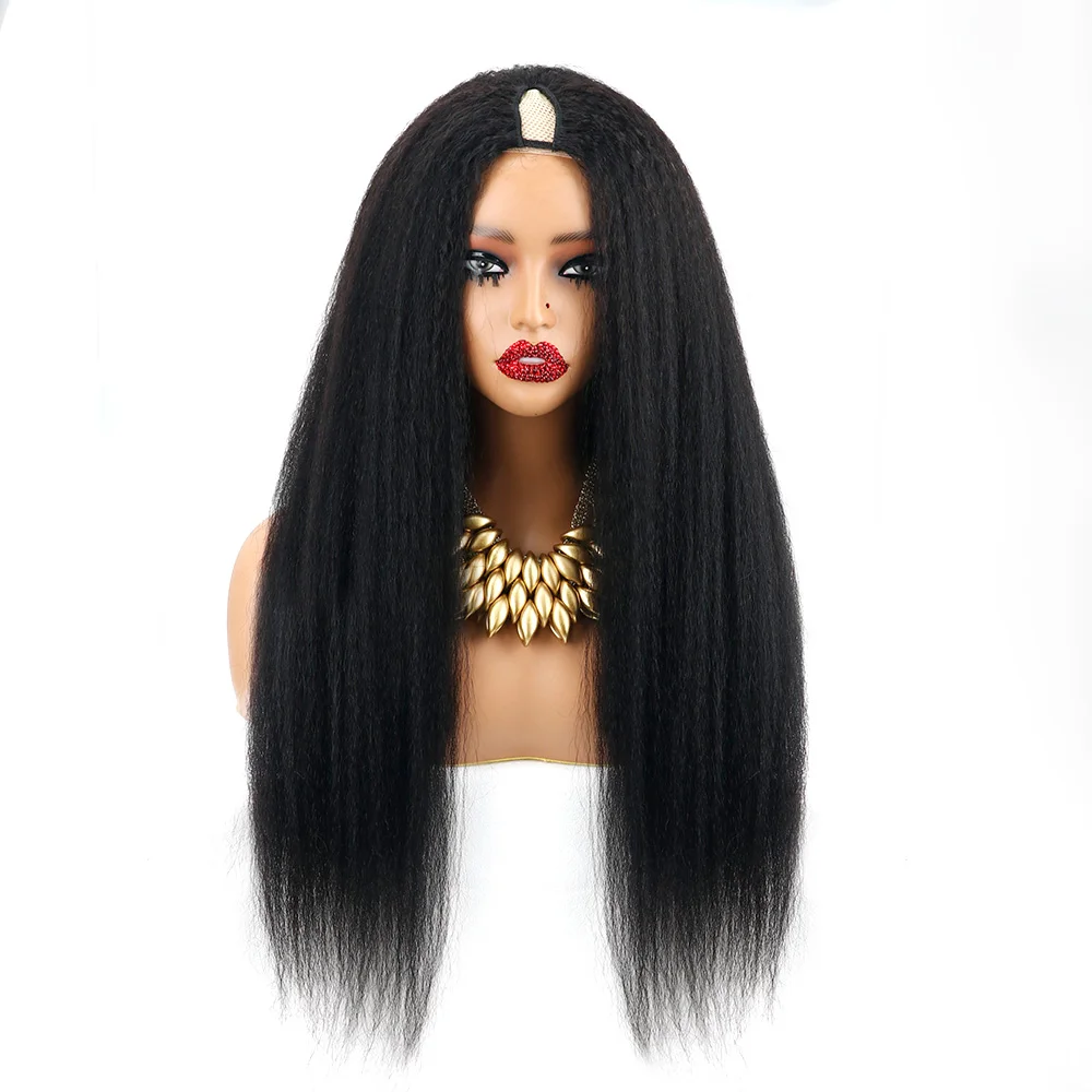 32 Inch V Part Kinky Straight Human Hair Wig Machine Made 200 Density Pre Plucked Bleached Knots Natural Color Upgrade