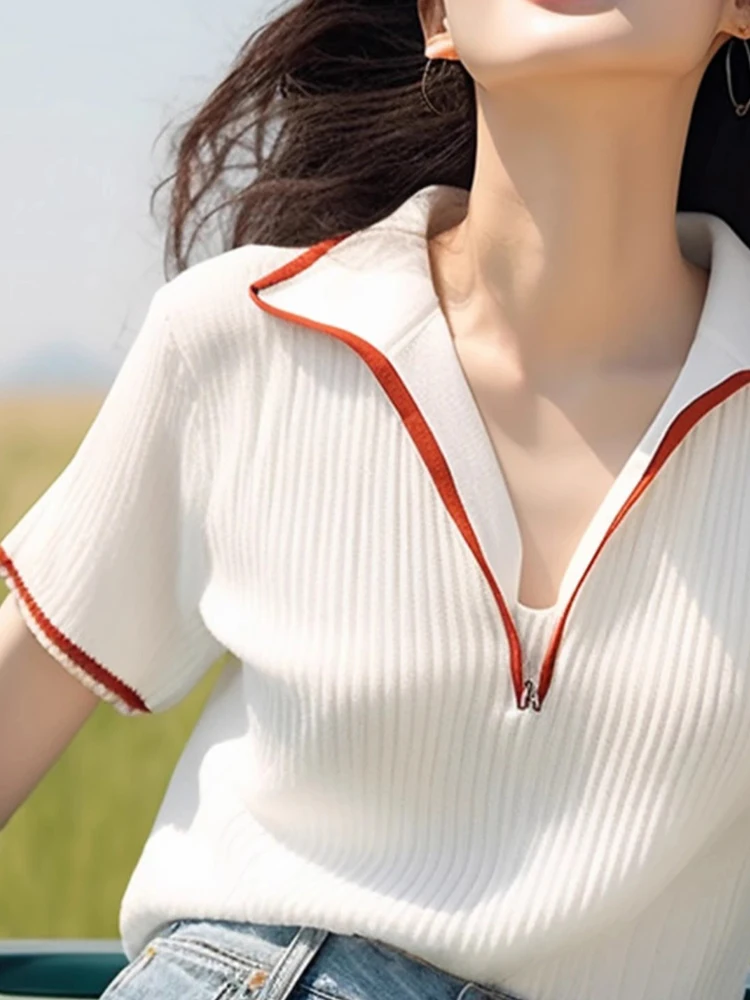 Faionable Top lavorato a maglia in seta ghiacciata f Zip ort Sve Base per pendolari irt Design Sensation Linea di colori a contrasto Estate Sle