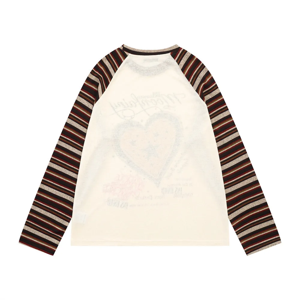 MWJLPWQ Striped Patchwork Raglan Long-Sleeve T-Shirt For Men Spring Autumn Ins Street Fashion Unique Heart-Shaped Tops 20606
