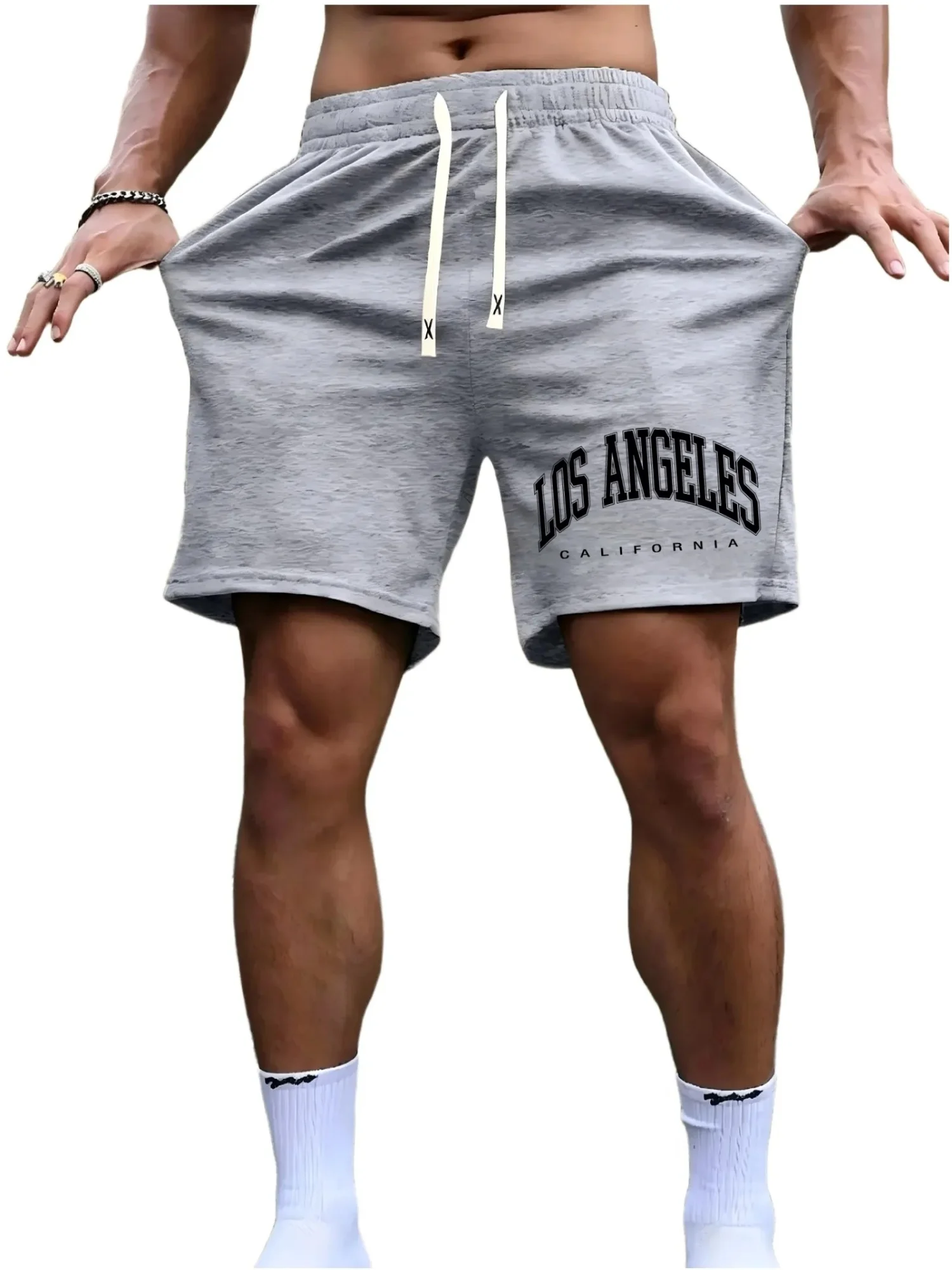 Mens Casual Streetwear Shorts Los Angeles California Print Elastic Waist Drawstring Loose Summer Shorts