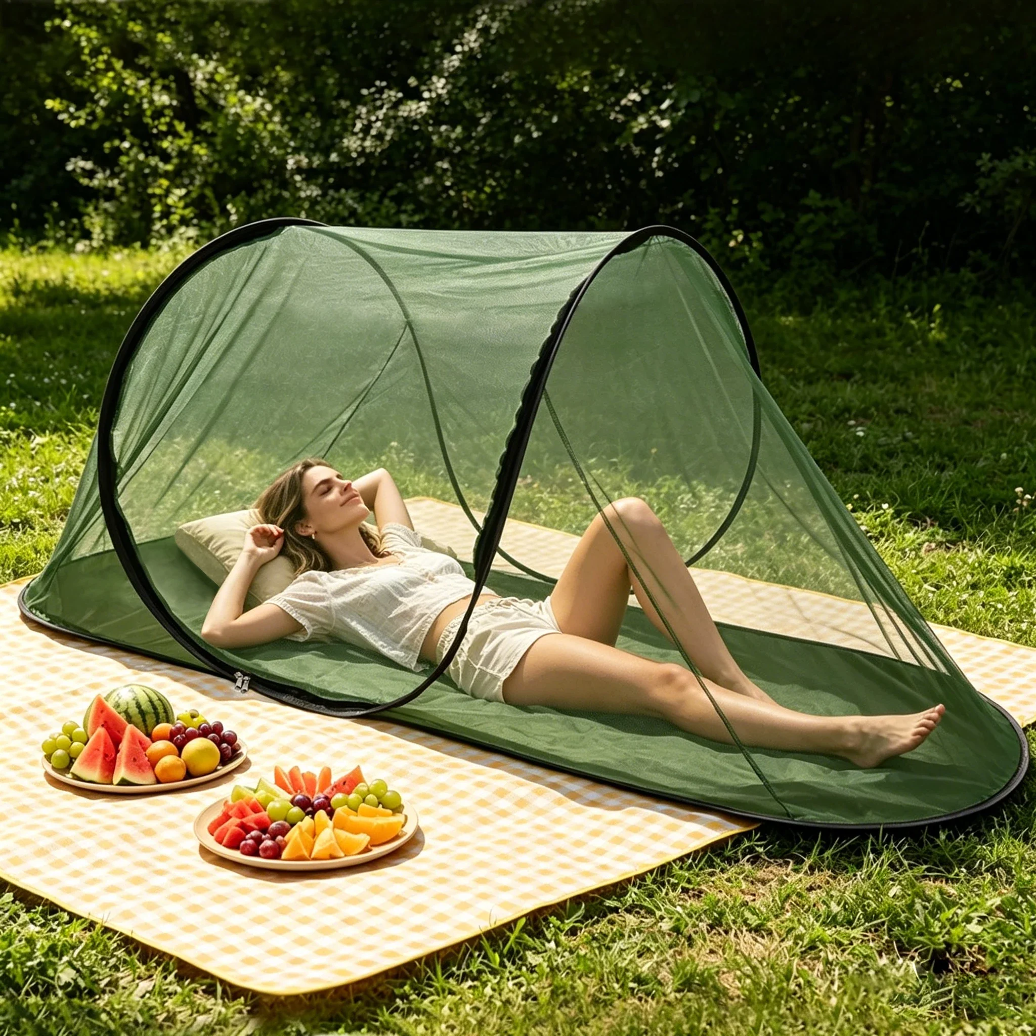Pop Up Mosquito Net with Breathable Mesh Lightweight Outdoor Instant Camping Tent Army Green