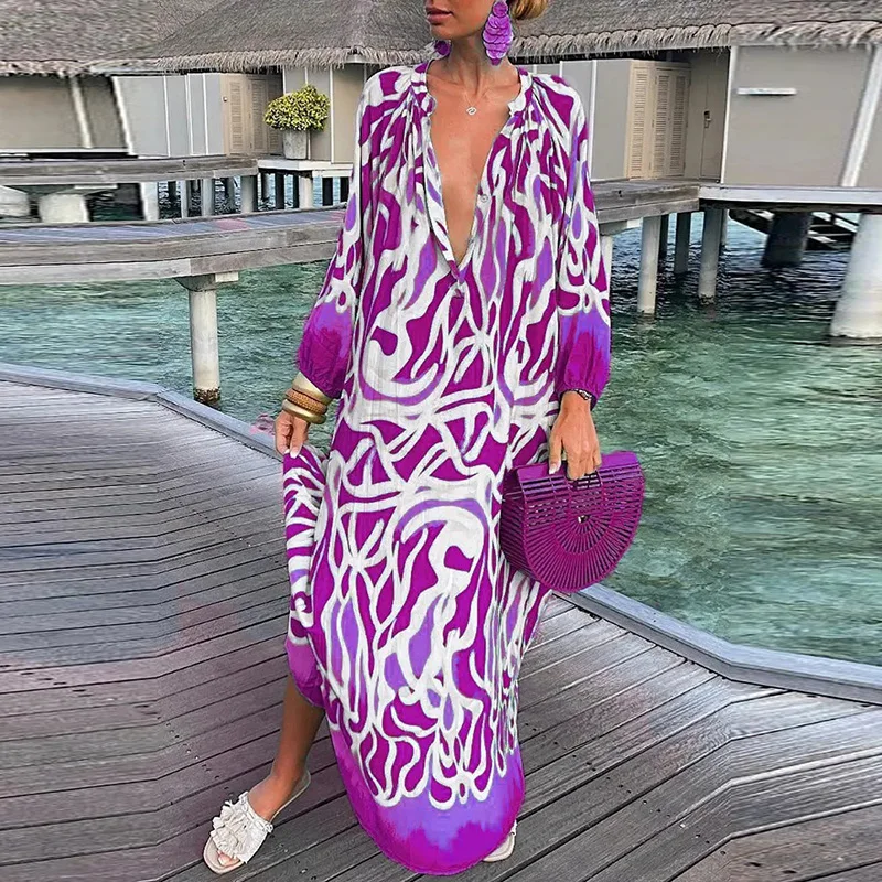 Summer Sexy V Neck Long Sleeve Party Dress Women Elegant Print Vintage Print Maxi Dresses For Women Fashion Long Dress Bobo