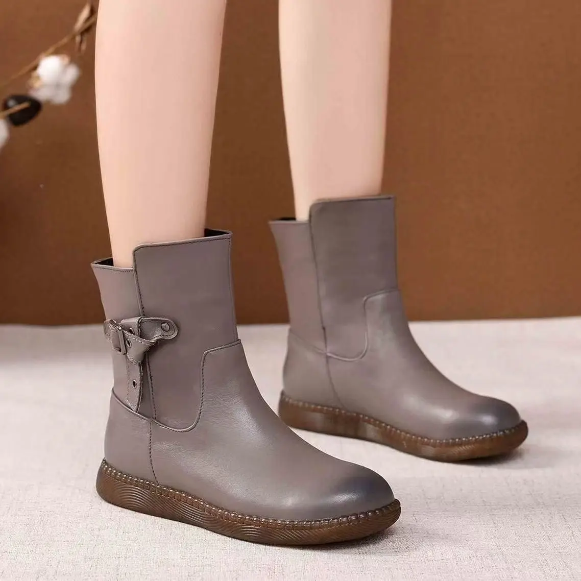 Women Genuine Leather Flat sole Ankle Boots Autumn Winter New Soft sole Round Toe Plush Warm High Top High Quality Cotton Boots