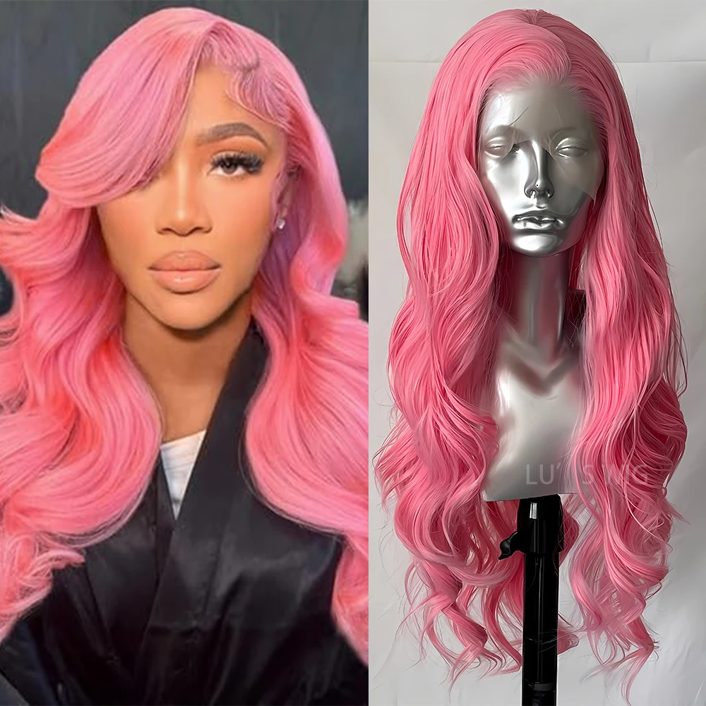 Pink Body Wave Lace Wig Synthetic Hair Long Deep Wave Wig Pink Wig Daily Wear Frontal Lace Wigs for Women Heat Resistant Cosplay