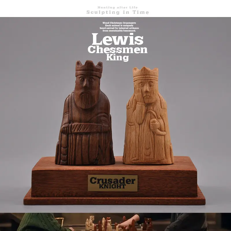 Lewis Chessmen King Wooden Statue, wood‑Carved Beech & Walnut Wood Viking Chess Desktop Decor Collectible Gift