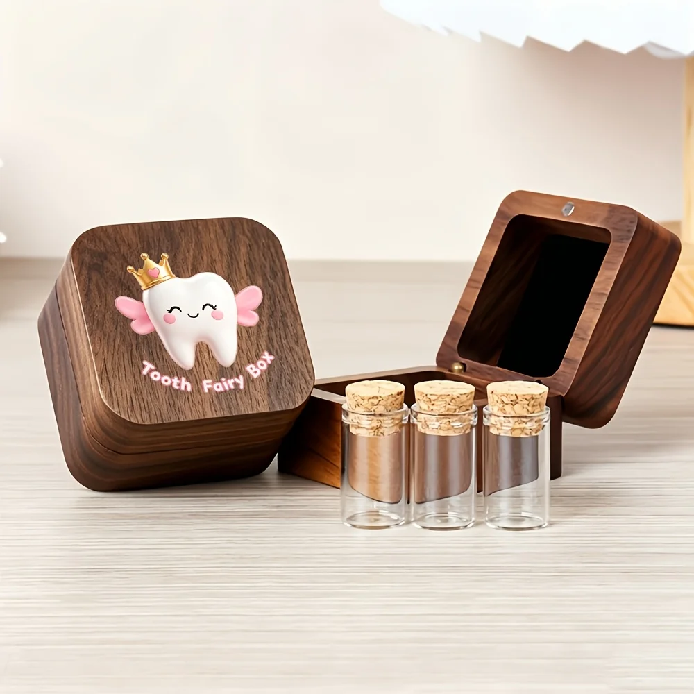 Wooden Tooth Fairy Box Set 2D Princess Tooth Pattern Umbilical Cord Tooth Preservation Souvenir Storage Box Baby Birthday Gift