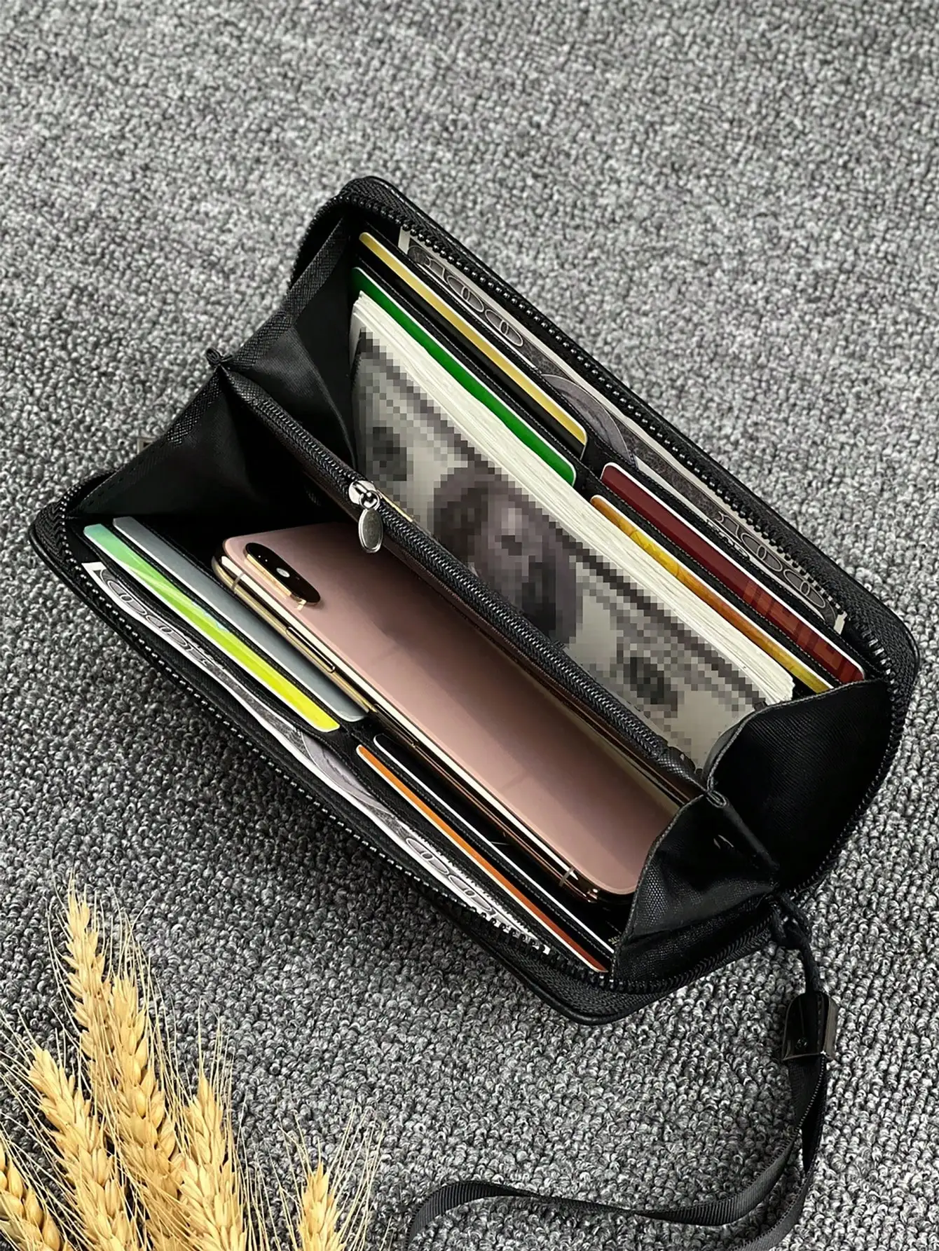 Business style long zipper wallet with multiple card slots, large capacity organizer clutch bag