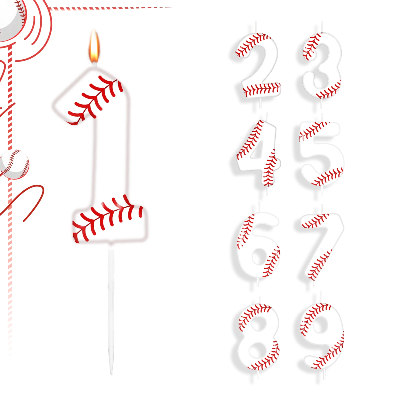 Baseball Themed Birthday White Number0-9 Candles, Boys Girls Kids Happy Birthday Cake Topper Reunions Theme Party Supplies Gifts