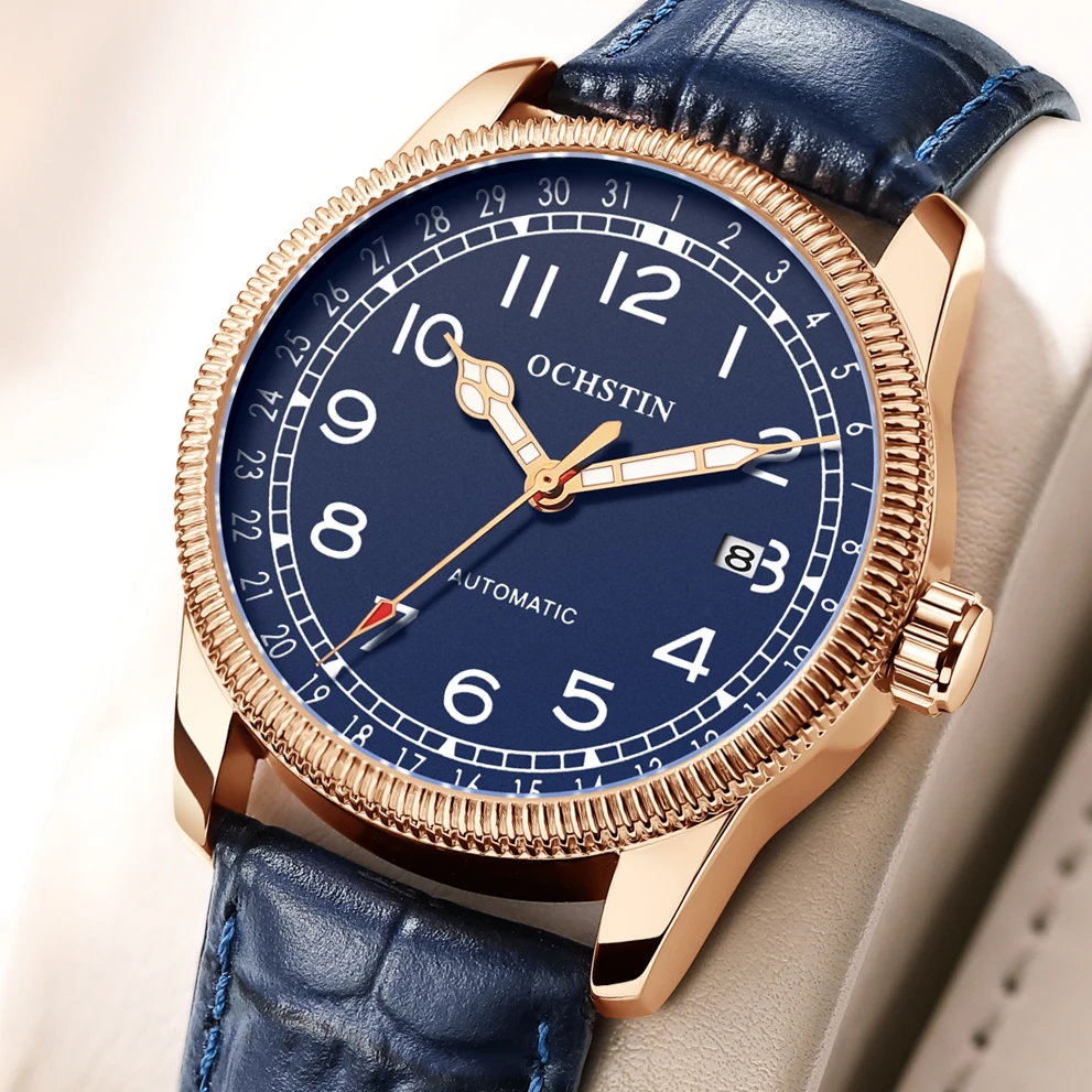 OCHSTIN Mens Business Watch Automatic Mechanical Date Vintage Guilloche Case Nylon Leather Band Luminous Male Dress Wristwatch