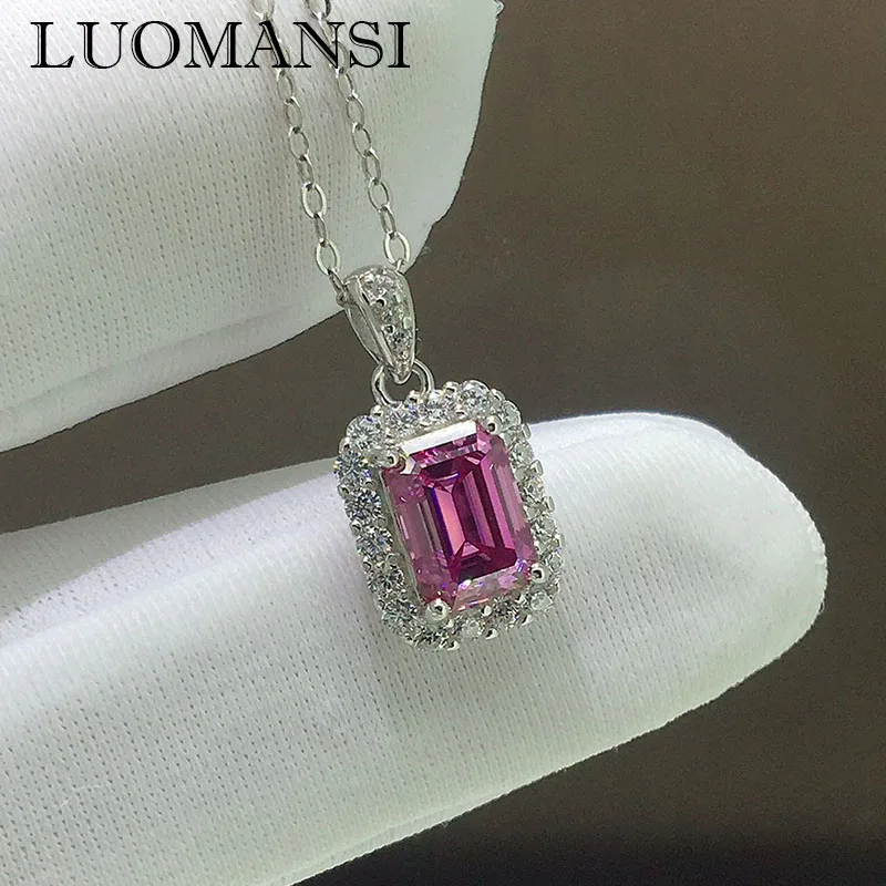 Luomansi 5*7MM D VSS Rectangular Pink Moissanite Necklace With Certificate S925 Silver Women Jewelry Wedding Party Birthday Gift