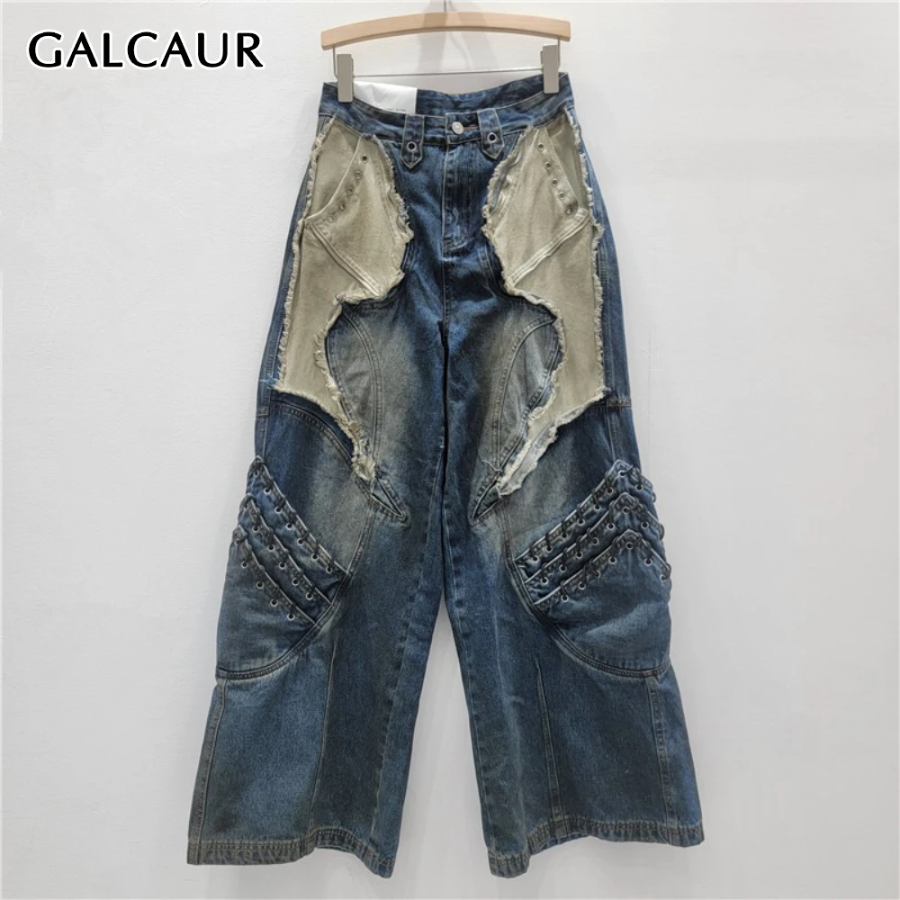 

GALCAUR Blue Spliced Ripped Basics Trousers Female High Waist Loose Streetwear Irregular Women's Wide Leg Pants Autumn Fashion