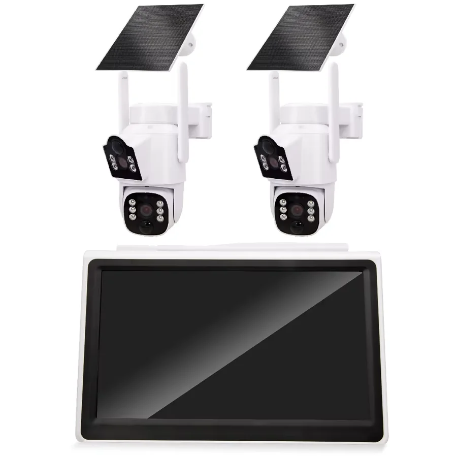 4MP Dual Lens Solar Security Camera Kit 10.1 Inch Monitor Night Vision SD Card Recording Pan-Tilt Two-Way Audio PIR Motion