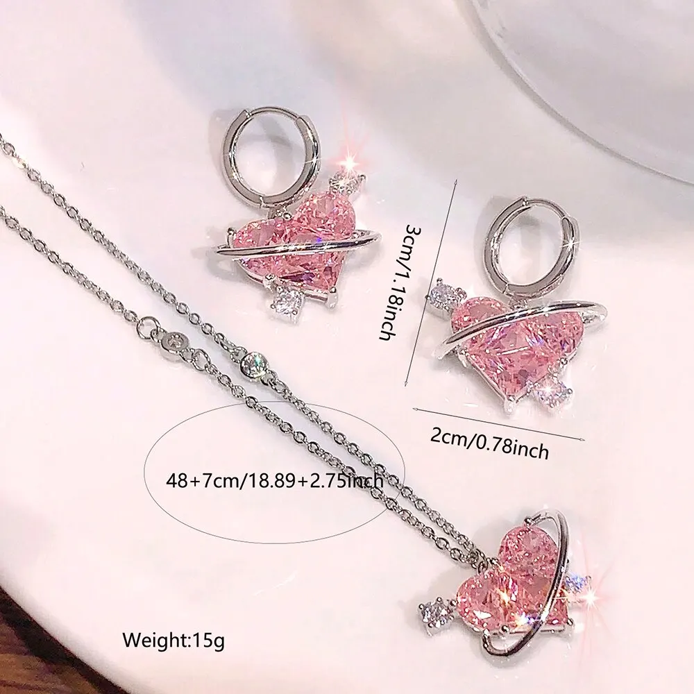 Y2K Crystal Pink Heart Necklac Earring Set Fashion Kpop Shiny Clavicle Chain for Women Girls New Trend Party Gifts Jewelry 2023