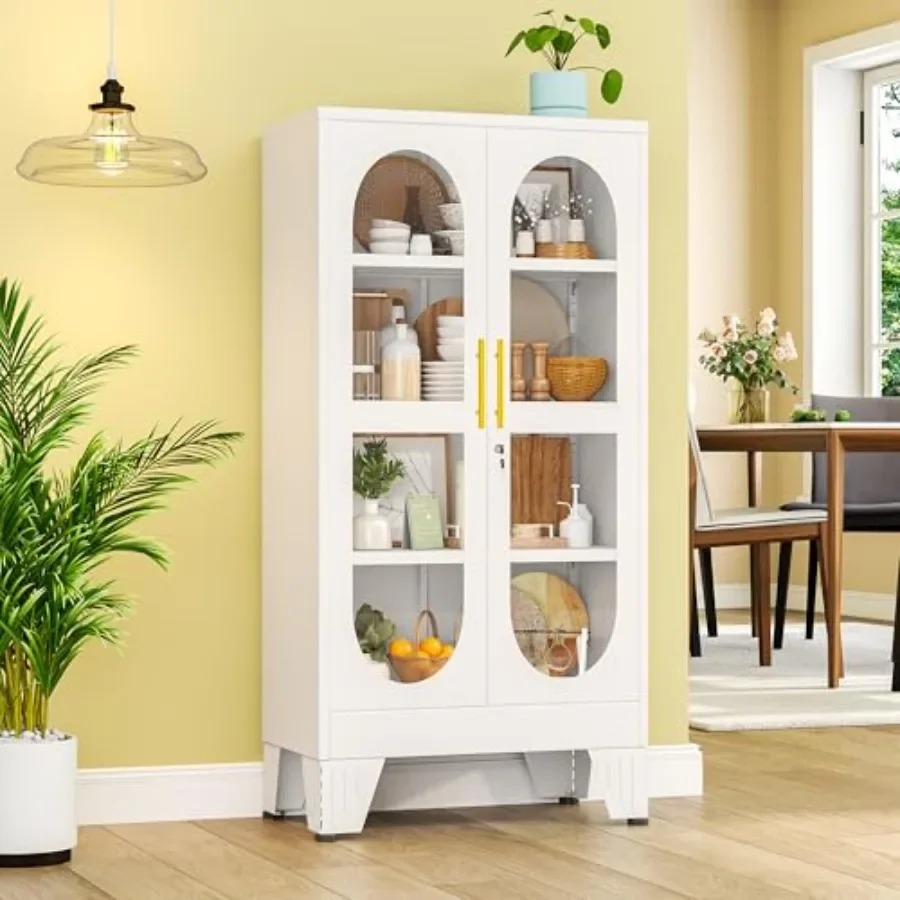 Living room metal display cabinet with glass door and lock, 47H black steel 4-tier curio cabinet featuring 3 adjustable shelves