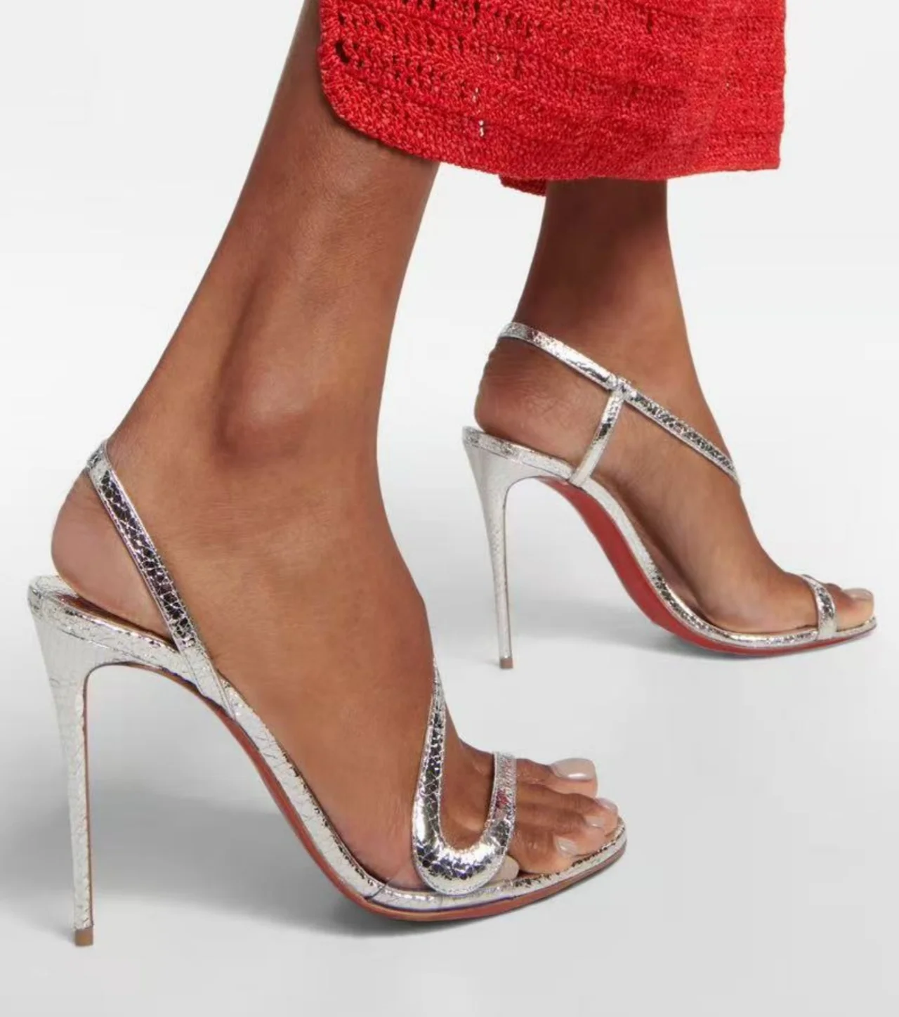 

Pink Color Patent Leather Women'S Sandals Peep Toe Elastic Band Slip On Red Sole Pumps Female High Heels Summer Beach Shoes Lady