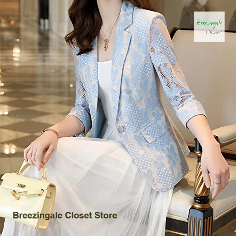 French lace openwork small suit jacket women's summer thin new fashion temperament casual slim beautiful western-style top.