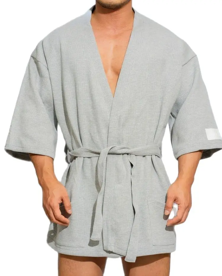 D. M Men\'s Bathrobe Short Solid 100%cotton Pajama Sexy Warm Leisure Home Bath Robe Men