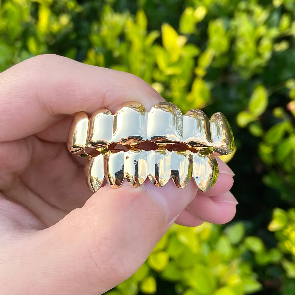 YOUNGX Classic 6/6 Glossy Teeth Grillz Hip Hop 14K Gold Plated Tooth Caps For Women Men Body Jewelry Cosplay