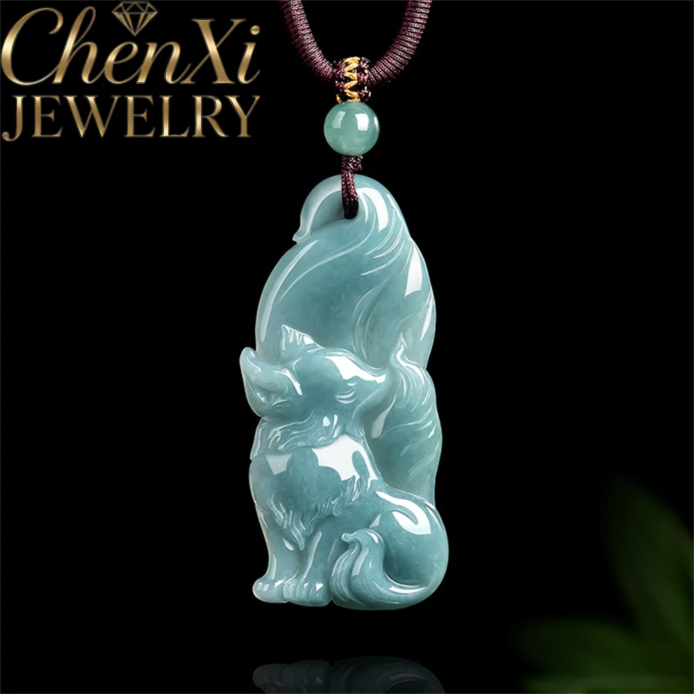 Authetic Natural A-Grade Blue Water Jadeite Nine-Tailed Fox Pendant Exquisite Charms Moissanite Pendant Luxury Quality Jewelry