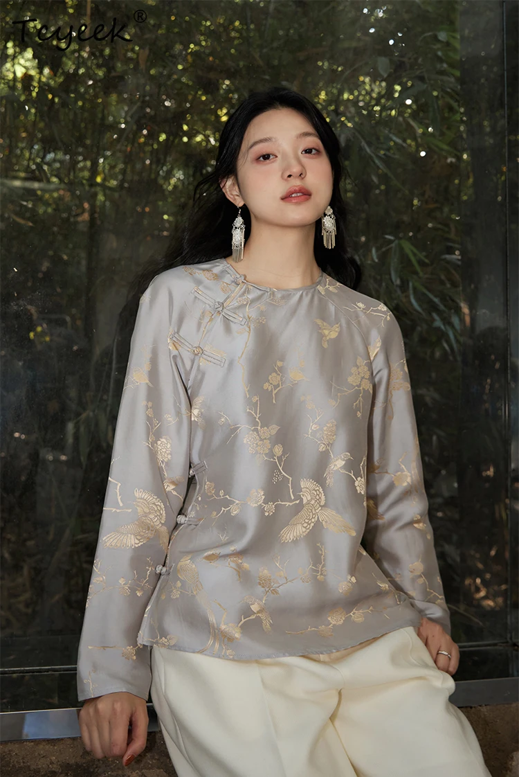 

Tcyeek 50% Mulberry Silk Shirt Coat Set for Women, Satin Jacquard Long Sleeve, Elegant Retro Top Sets, 2024 Spring S41093QM