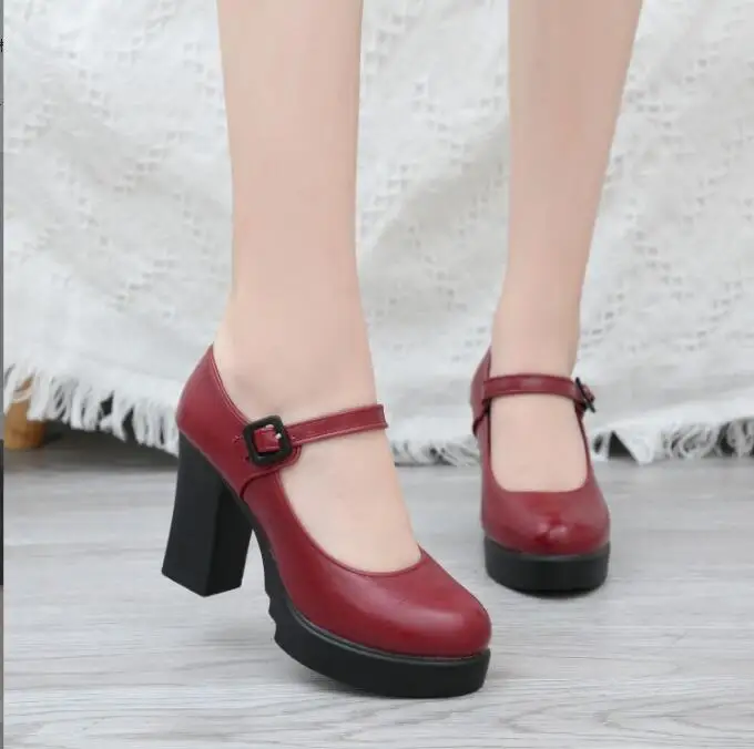 

Women Fashion Pumps wine-red Dress Sweet High Heels Female Platform Classic buckle Thick Round Toe Shoes Professional work shoes