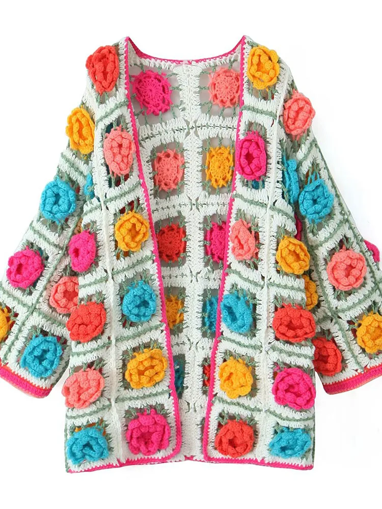 2024 European and American women\'s ethnic retro multi-color handmade three-dimensional flower cardigan sweater loose casual knit