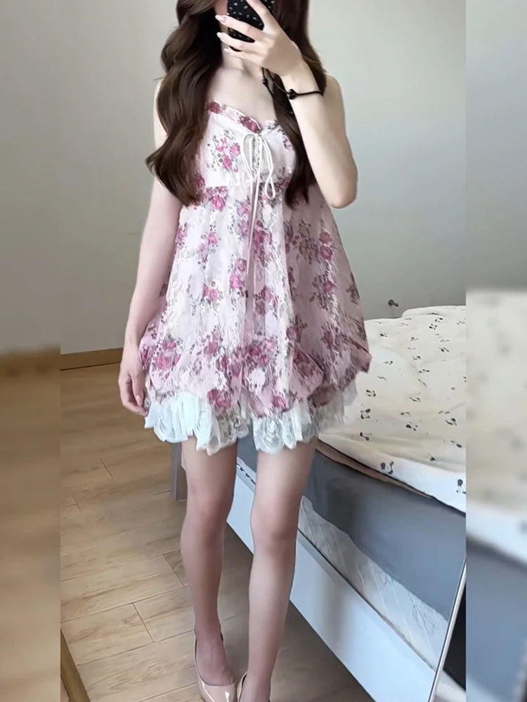 Doce floral impressão dr feminino verão 2025 nova renda emenda flor bud cinta ort saia cintura alta a linha dr